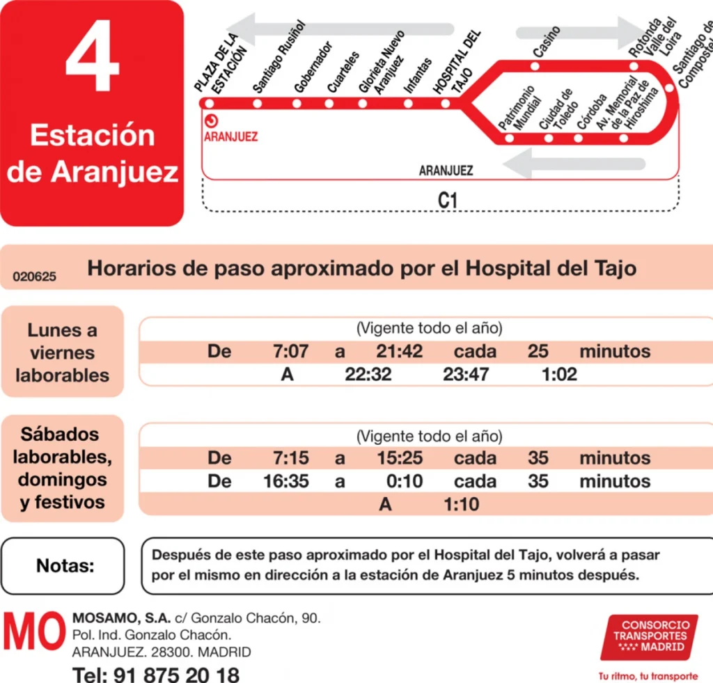 Horarios L4 Aranjuez paso aproximado por HOSPITAL