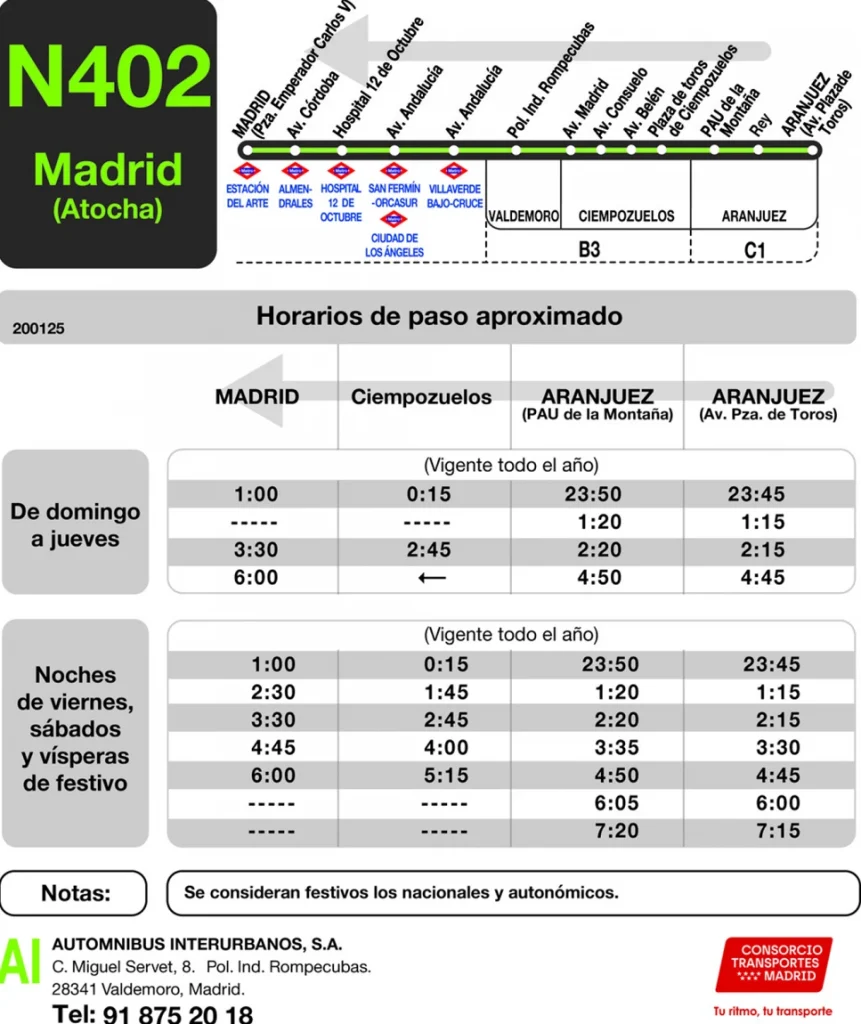 Horarios Linea L402 Nocturno Aranjuez a Madrid