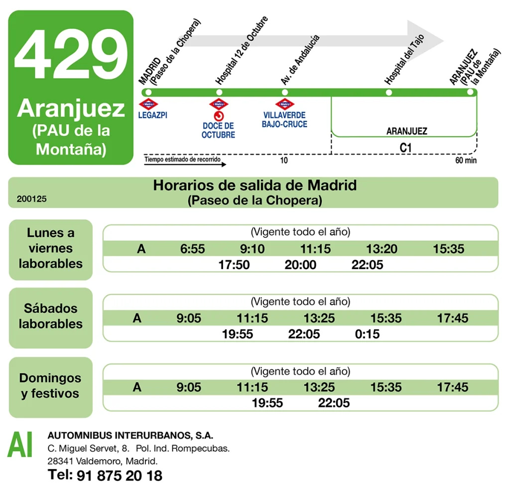 Horarios de la línea 429 en sentido Aranjuez