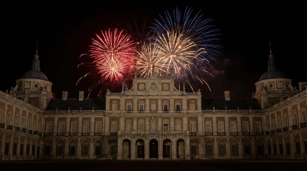 Fuegos artificiales con el palacio de Aranjuez en primer plano